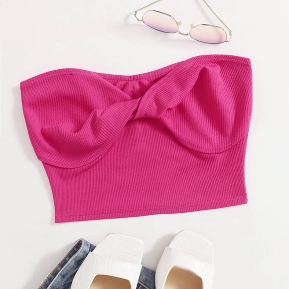 Hot Pink Ribbed Cropped Tube Top - Picture 1 of 5
